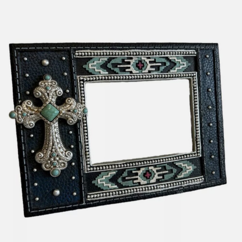 Western/ Aztec Style Turquoise Stone Embedded Cross Picture Frame
